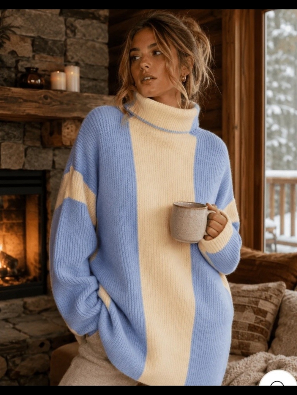 Cozy Oversized Turtleneck Sweater in Blue and Cream